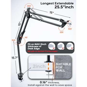 CACENCAN Overhead Camera Mount, 5lb Horizontal Load-Bearing, 360° Adjustable Camera Stand for Desk, Flexible Camera Arm Desk Mount, with Phone Clamp, Tabletop Mount for DSLR Camera/Webcam/Microphone