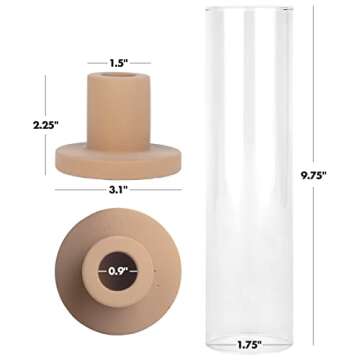 Koyal Wholesale Matte Terracotta Ceramic Taper Candle Holders with Glass Hurricane Shades, Terracotta Taper Candlestick Holders for Taper Candles, Farmhouse Home Decor, Modern Boho (Set of 6)