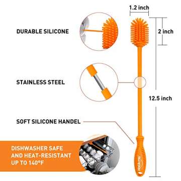 Holikme Silicone Bottle Brush Bottle Cleaner for your Bottles Vase and Glassware Best Water Bottle Cleaning Brush for Washing Containers Orange