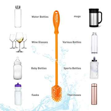 Holikme Silicone Bottle Brush Bottle Cleaner for your Bottles Vase and Glassware Best Water Bottle Cleaning Brush for Washing Containers Orange
