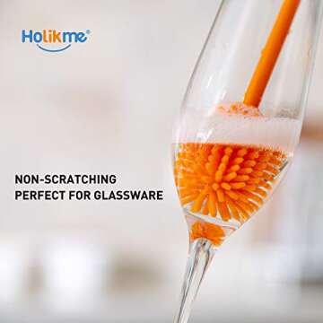 Holikme Silicone Bottle Brush Bottle Cleaner for your Bottles Vase and Glassware Best Water Bottle Cleaning Brush for Washing Containers Orange