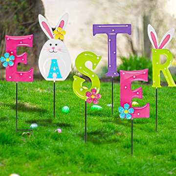 Lulu Home Easter Yard Sign, 6 Pieces Metal Easter Bunny Garden Stakes, Adorable Colorful Easter Spelling Letters Stakes for Courtyard Spring Lawn Holiday Outdoor Decorations
