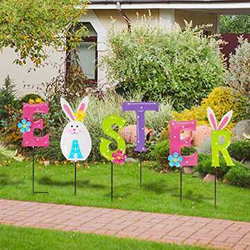Lulu Home Easter Yard Sign, 6 Pieces Metal Easter Bunny Garden Stakes, Adorable Colorful Easter Spelling Letters Stakes for Courtyard Spring Lawn Holiday Outdoor Decorations