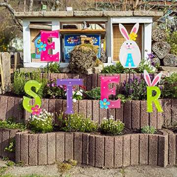 Lulu Home Easter Yard Sign, 6 Pieces Metal Easter Bunny Garden Stakes, Adorable Colorful Easter Spelling Letters Stakes for Courtyard Spring Lawn Holiday Outdoor Decorations