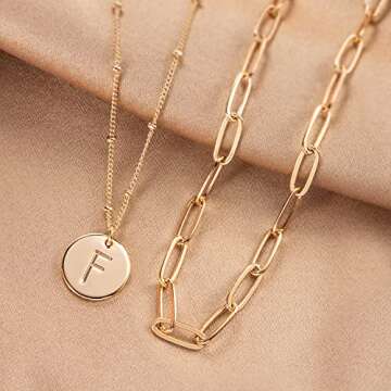 Fettero Layered Gold Necklace Set with Initial Pendant