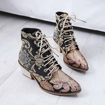 Gets Womens Vintage Floral Embroidered Block Heel Cowboy Boots Heighten Ankle Booties
