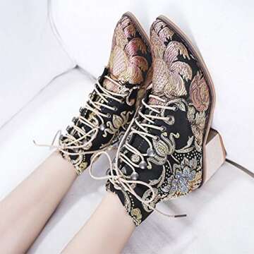 Gets Womens Vintage Floral Embroidered Block Heel Cowboy Boots Heighten Ankle Booties