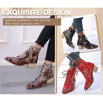 Gets Womens Vintage Floral Embroidered Block Heel Cowboy Boots Heighten Ankle Booties