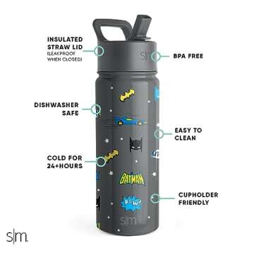Simple Modern DC Comics Batman Kids Water Bottle with Straw Lid | Reusable Insulated Stainless Steel Cup for Toddlers, School | Summit Collection | 18oz, Batman POW!