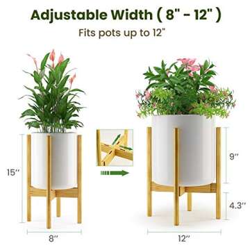 Bamboo Adjustable Plant Stand Flower Holder, Amada Indoor Mid Century Modern Planter Display Rack wi...