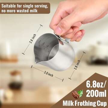 HULISEN Milk Frothing Pitcher, 6.8oz/200ml Stainless Steel Milk Frother Cup, Milk Steaming Pitcher, ...