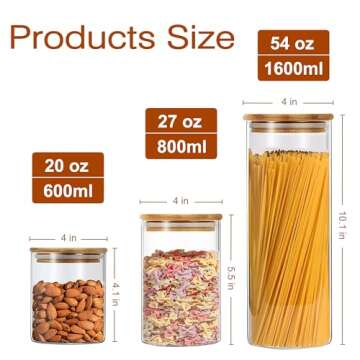 YMMIND Glass Food Storage Jars Set of 4 with Bamboo Lid Airtight Glass Storage Canister, Cylindrical Kitchen Clear Food Storage Container Jar, for Pasta, Coffee, Cookies, Nuts, Cereal, Oats, Flour