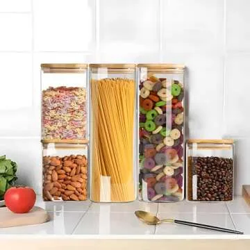 YMMIND Glass Food Storage Jars Set of 4 with Bamboo Lid Airtight Glass Storage Canister, Cylindrical Kitchen Clear Food Storage Container Jar, for Pasta, Coffee, Cookies, Nuts, Cereal, Oats, Flour