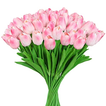 FLORRALIA Pink Fake Tulips Artificial Flowers - 24 Pcs Artificial Silk Pink Tulips Faux Flowers with...