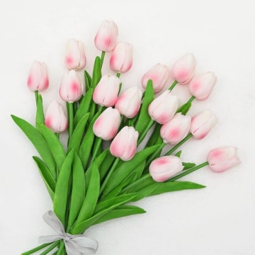 FLORRALIA Pink Fake Tulips - 24 Pcs Artificial Flowers for Home Decor