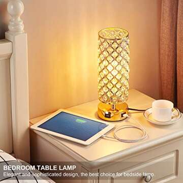 Touch Control USB Crystal Small Lamp, Dimmable Nightstand Lamp with Dual USB Port, 3-Way Gold Crysta...