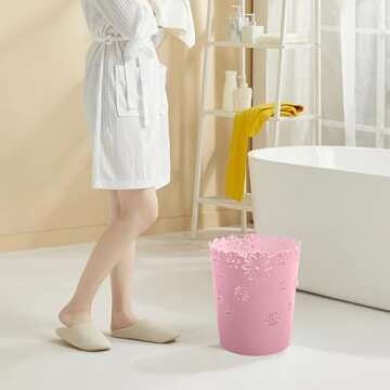 YEMIANJU Mini Wastebasket Small Pink Trash can Room Decor Hollow Flower Shape Plastic Lidless Round Garbage Container Bin for Bathroom, Kitchen, Bedroom, Home Office, College Dormitory (Pink, M)