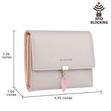 FT FUNTOR RFID Wallets for Women, Leaf Card Holder Trifold Ladies Wallets Coins Zipper Pocket with ID Window Small Size Grey