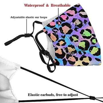 Colorful Leopard Print Face Mask for Women Men Reusable Adjustable Mouth Covers Washable Ear Loops Dust Protection Masks With Nose Wire and 10 Filters