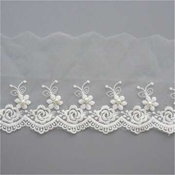 2 Meters Mesh Tulle Flower Pearl Lace Edge Trim Ribbon 10 cm Width White Trimmings Fabric Embroidered Applique Sewing Craft Wedding Bridal Dress Veil Embellishment DIY Party Decor Clothes Embroidery