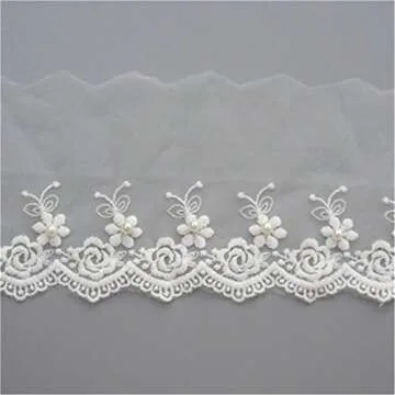 2 Meters Mesh Tulle Flower Pearl Lace Edge Trim Ribbon 10 cm Width White Trimmings Fabric Embroidered Applique Sewing Craft Wedding Bridal Dress Veil Embellishment DIY Party Decor Clothes Embroidery