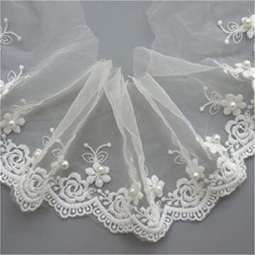 2 Meters Mesh Tulle Flower Pearl Lace Edge Trim Ribbon 10 cm Width White Trimmings Fabric Embroidered Applique Sewing Craft Wedding Bridal Dress Veil Embellishment DIY Party Decor Clothes Embroidery