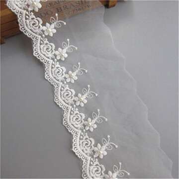 2 Meters Mesh Tulle Flower Pearl Lace Edge Trim Ribbon 10 cm Width White Trimmings Fabric Embroidered Applique Sewing Craft Wedding Bridal Dress Veil Embellishment DIY Party Decor Clothes Embroidery