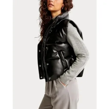 Ailoqing Womens Faux Leather Puffer Vest Zip Up Sleeveless Winter Cropped Jacket(Black-L)