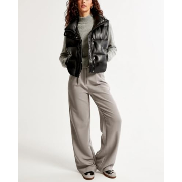 Ailoqing Womens Faux Leather Puffer Vest Zip Up Sleeveless Winter Cropped Jacket(Black-L)