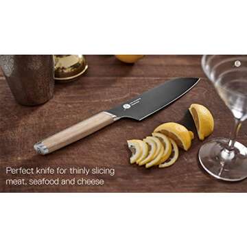 Everdure German Steel Professional Santoku Knife, 6.26 Inch Chef Knife with Titanium Coated Blade and Pakka Wood Handle, Perfect Kitchen Knife for Thinly Slicing Meat and Seafood