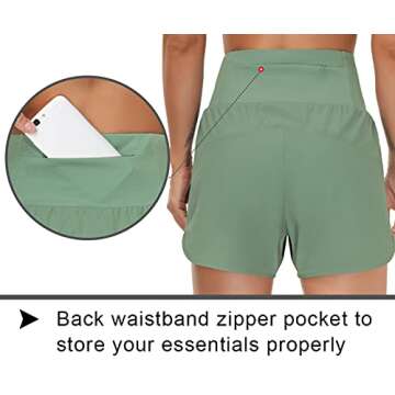 THE GYM PEOPLE Women’s High Waist Running Shorts with Liner Athletic Hiking Workout Shorts Zip Pockets (Jasmine Green, Large)