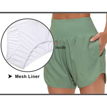THE GYM PEOPLE Women’s High Waist Running Shorts with Liner Athletic Hiking Workout Shorts Zip Pockets (Jasmine Green, Large)