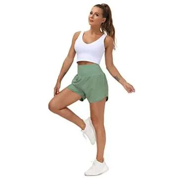 THE GYM PEOPLE Women’s High Waist Running Shorts with Liner Athletic Hiking Workout Shorts Zip Pockets (Jasmine Green, Large)