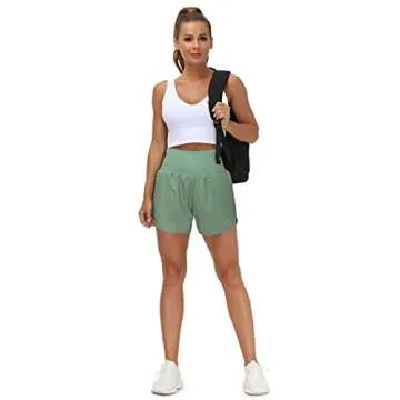 THE GYM PEOPLE Women’s High Waist Running Shorts with Liner Athletic Hiking Workout Shorts Zip Pockets (Jasmine Green, Large)