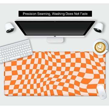 SXCKANG Orange Checkered Large Mouse Pad, Boho Pink Desk Mat Pad, Extended Kawaii Mousepad Stitched Edges Keyboard Mouse Mat, Desk Accessories for Women Office Gaming Decor, 35.4 x 15.7 in
