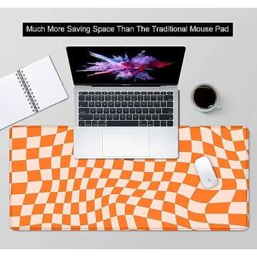 SXCKANG Orange Checkered Large Mouse Pad, Boho Pink Desk Mat Pad, Extended Kawaii Mousepad Stitched Edges Keyboard Mouse Mat, Desk Accessories for Women Office Gaming Decor, 35.4 x 15.7 in