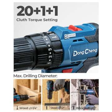Dong Cheng 20V Brushless Heavy-duty Impact Drill, 435 in.lbs, 27000 BPM, 1/2" Keyless Metal Chuck, 2...