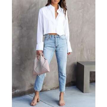 Womens Long Sleeve Button Down Shirts Spring Casual Cropped Cotton Blouses 2025 Trendy Loose Crop Sh...
