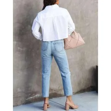 Womens Long Sleeve Button Down Shirts Spring Casual Cropped Cotton Blouses 2025 Trendy Loose Crop Shirt Tops with Chest Pocket White,M