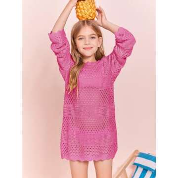 Batermoon Girls Crochet Long Sleeve Swimsuit Cover Up Kids Fashion Hollow Out Swimwear Beach Dress 5...