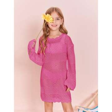 Batermoon Girls Crochet Long Sleeve Swimsuit Cover Up Kids Fashion Hollow Out Swimwear Beach Dress 5-14 Years
