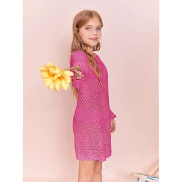 Batermoon Girls Crochet Long Sleeve Swimsuit Cover Up Kids Fashion Hollow Out Swimwear Beach Dress 5-14 Years