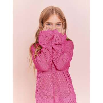 Batermoon Girls Crochet Long Sleeve Swimsuit Cover Up Kids Fashion Hollow Out Swimwear Beach Dress 5-14 Years