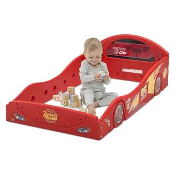 Delta Children Disney Pixar Cars Lightning McQueen Race Car Sleep and Play Toddler Bed with Attached Guardrails