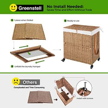 Greenstell Laundry Hamper with Wheels, No Install Needed, 110L Divided Handwoven Hampers & 2 Removable Liner Bags, Synthetic Rattan Clothes Laundry Basket with Lid & Handles, Foldable Hampers Natural