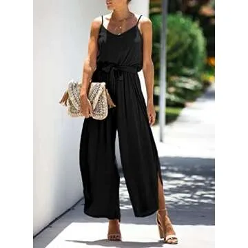 Happy Sailed Womens Outfits 2023 Casual Sleeveless Spaghetti Straps Wide Leg Pants Romper Split Boho Beach Jumpsuits with Belt Black Small