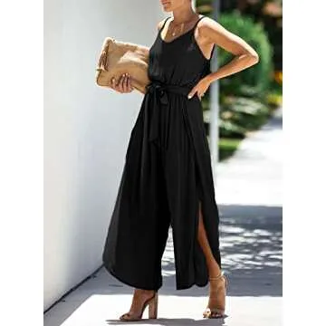 Happy Sailed Womens Outfits 2023 Casual Sleeveless Spaghetti Straps Wide Leg Pants Romper Split Boho Beach Jumpsuits with Belt Black Small