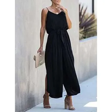 Happy Sailed Womens Outfits 2023 Casual Sleeveless Spaghetti Straps Wide Leg Pants Romper Split Boho Beach Jumpsuits with Belt Black Small