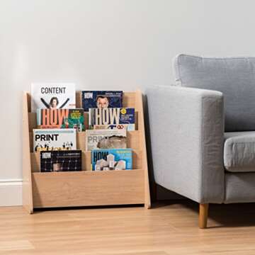 IRIS USA Wide Wooden Magazine Rack, 4-Pocket Periodical Book Sketchbook Stand with Deep Compartments for Living Room Bathroom Kids Room Classroom Office, Light Brown