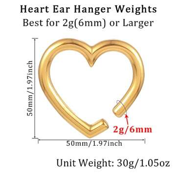 LADEMAYH Ear Weights for Stretched Ears, Gold Heart 2g Gauges Earrings Dangle Gauges for Women, Surgical Steel Ear Hangers Weighted Gauges Body Jewelry